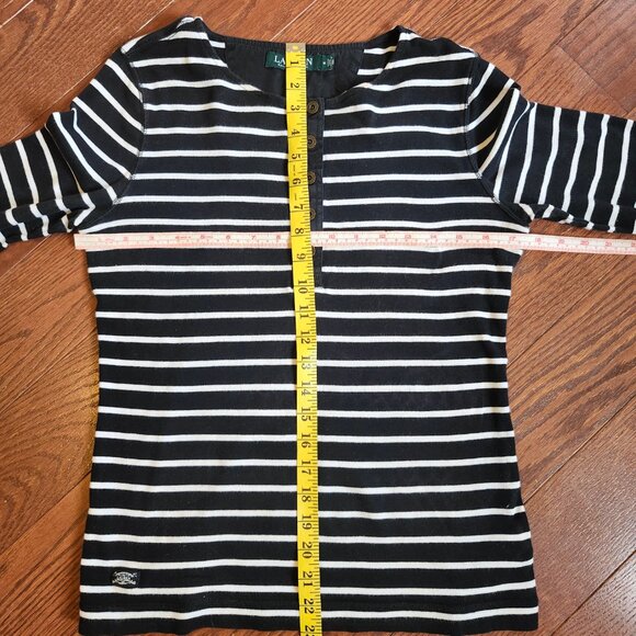Ralph Lauren Women’s M Black White Striped Shirt 3/4 Sleeve sailing Preppy Chic - Picture 8 of 8